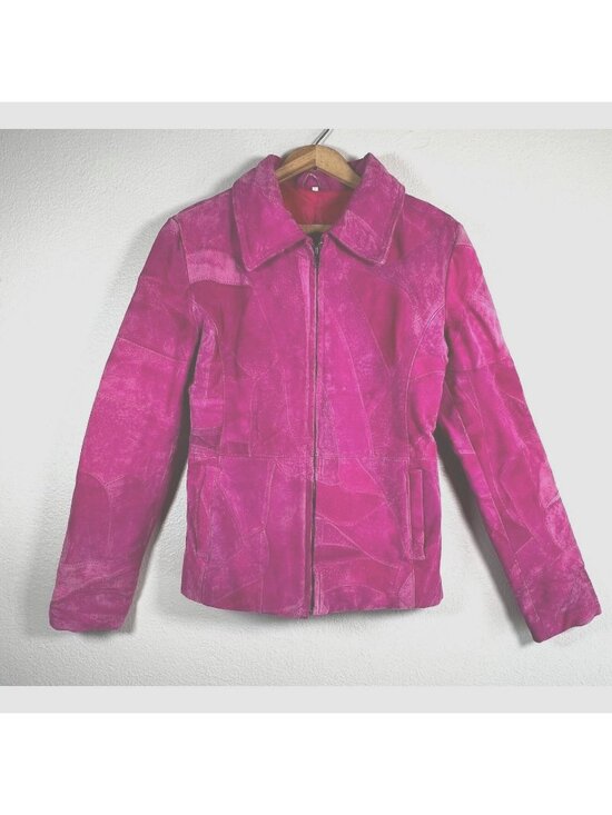 Vintage Jackets & Blazers - Vintage Suede Jacket Coat Womens Hot Pink X-XL Patchwork Full Zip Pockets 1970s